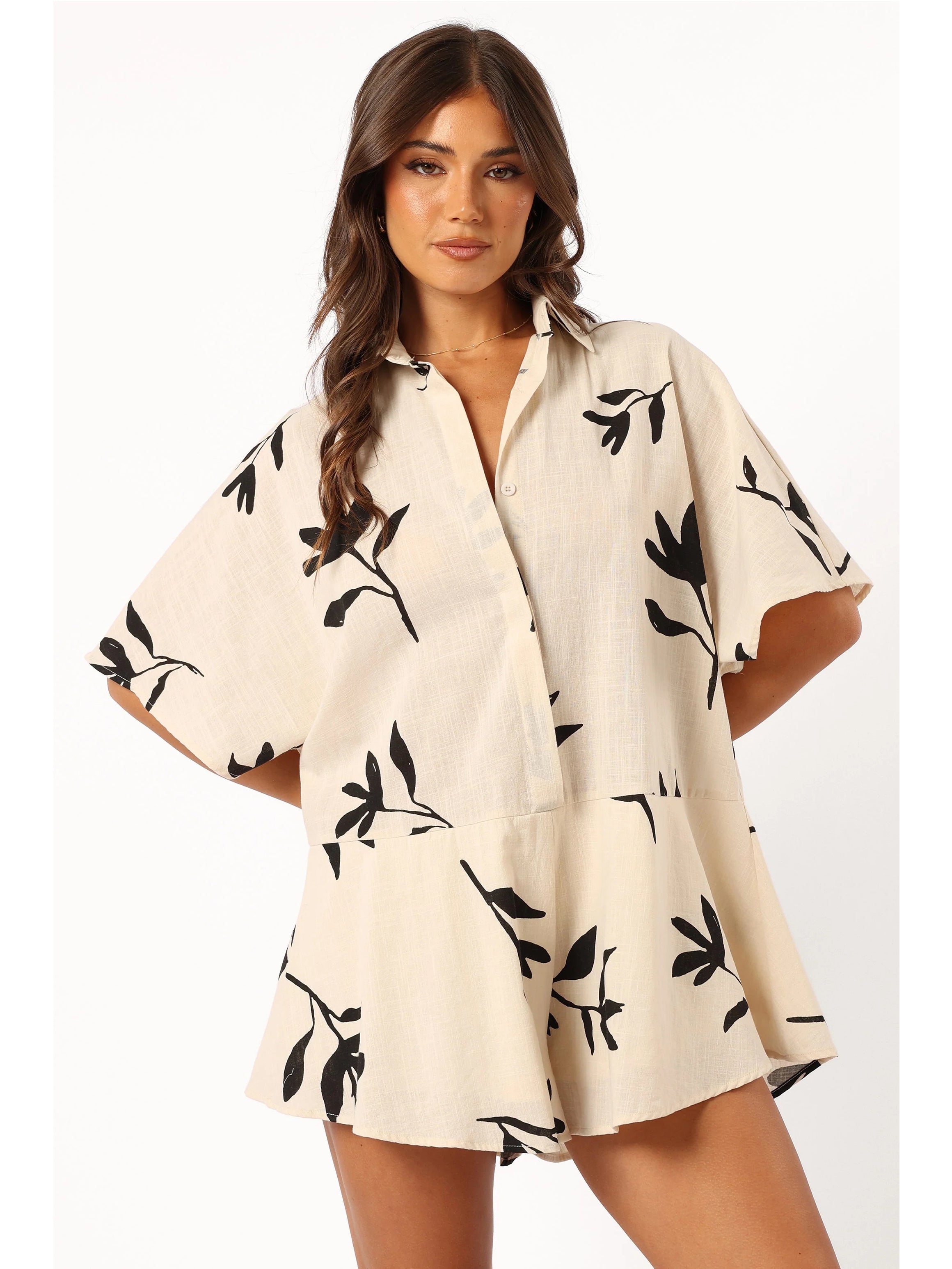 Women's beige leaf print button-down romper