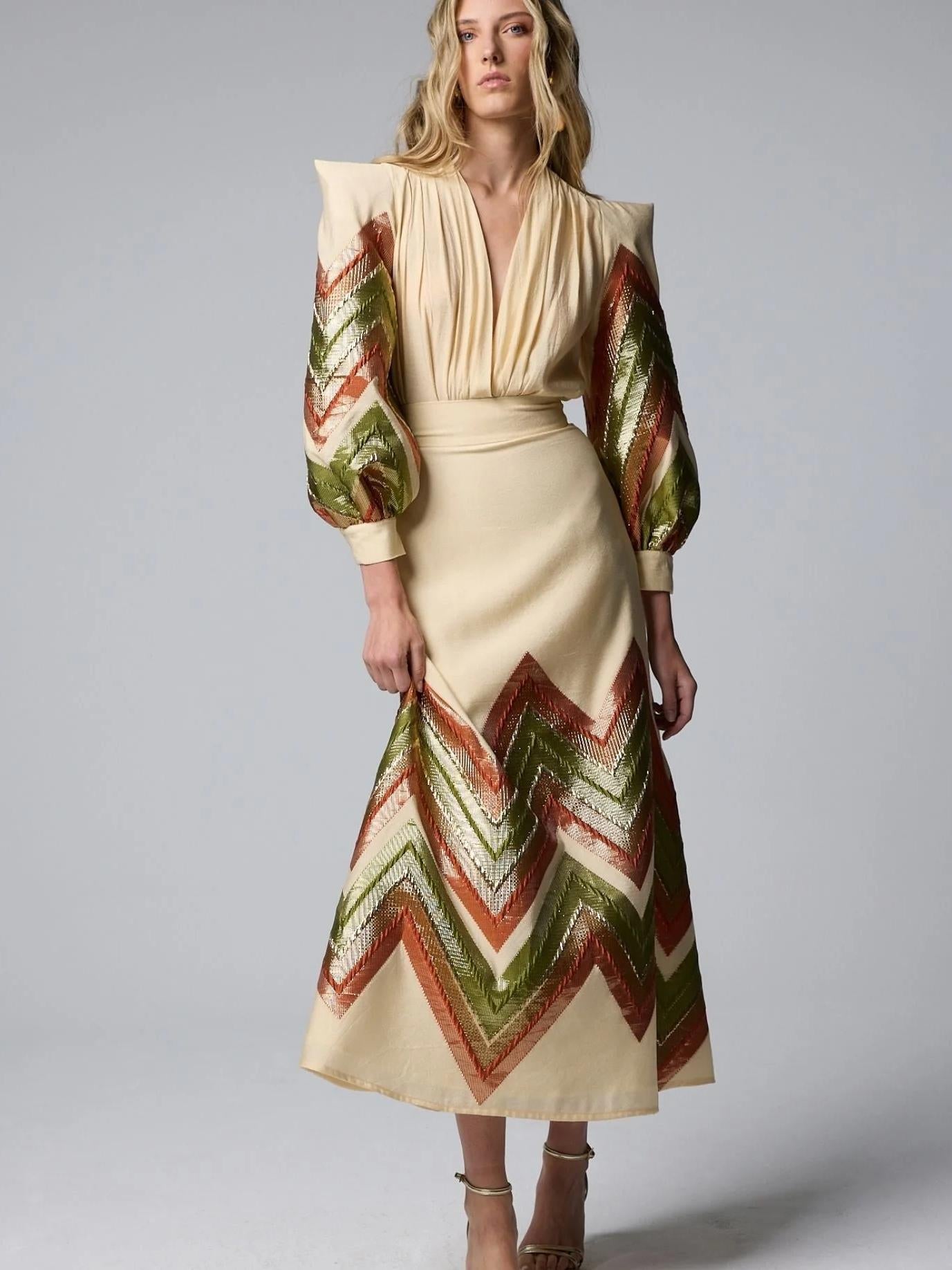 Women's Beige Puff-Sleeve Bodysuit & Skirt Set