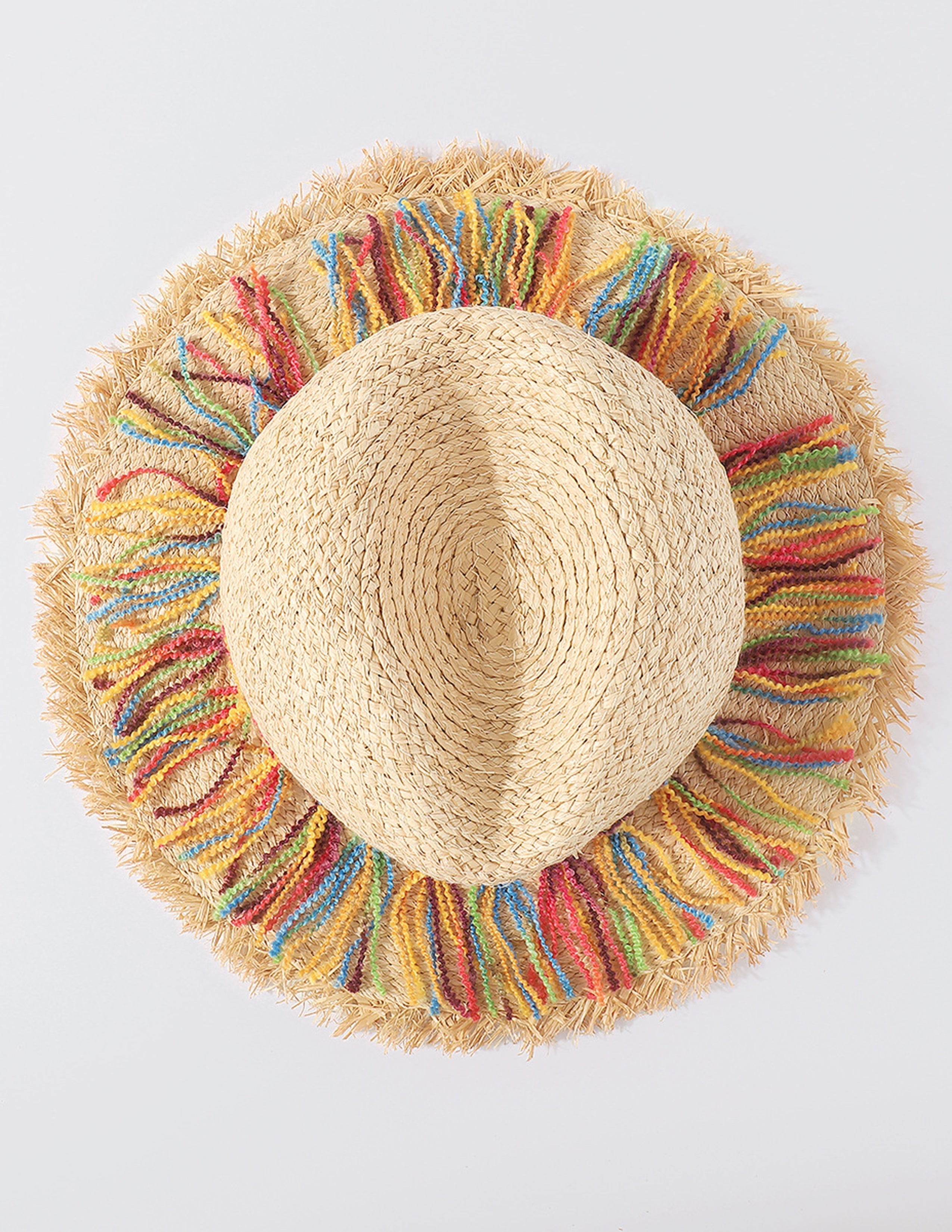 Women's beige straw hat with cotton rope tassel trim — side detail