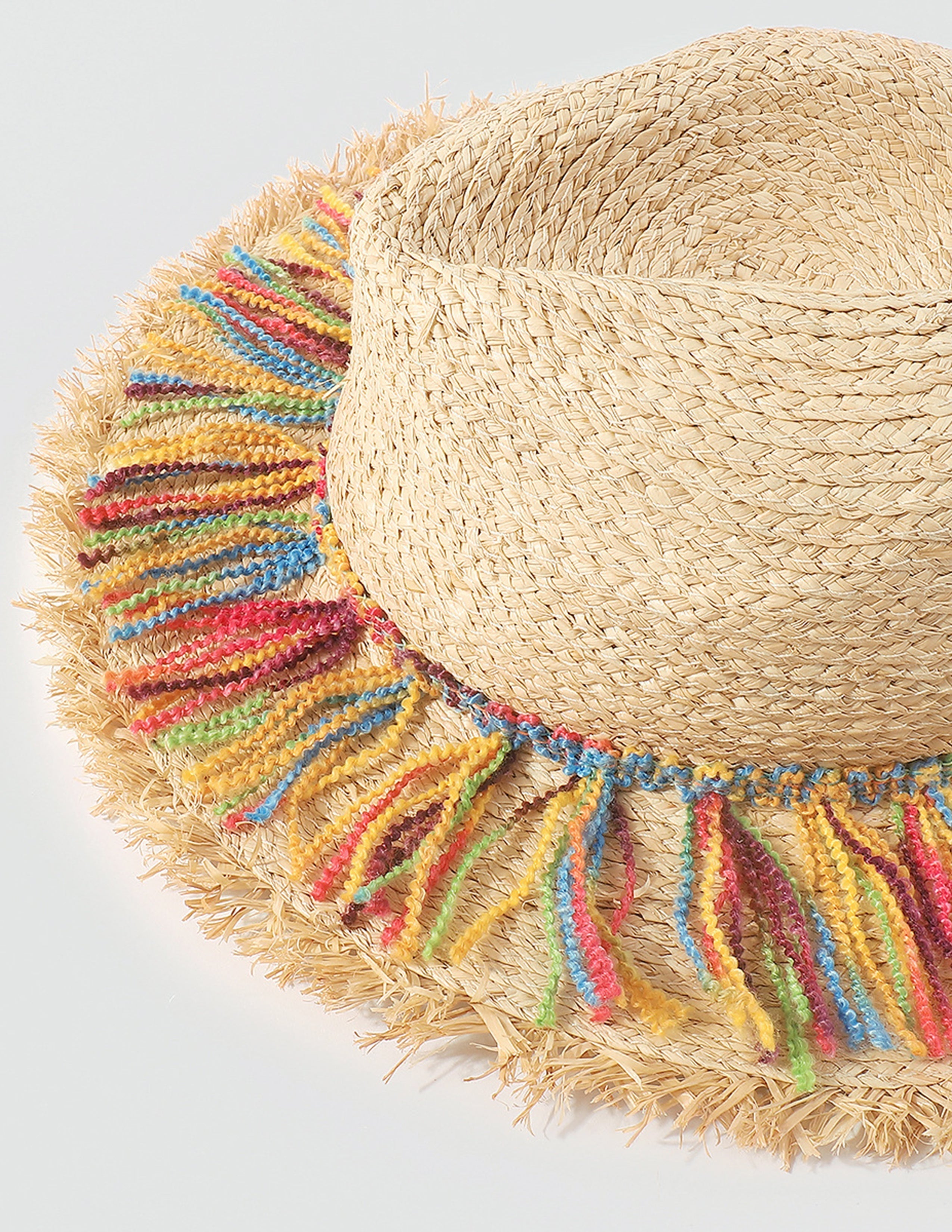 Women's beige straw hat with cotton rope tassel trim — full length