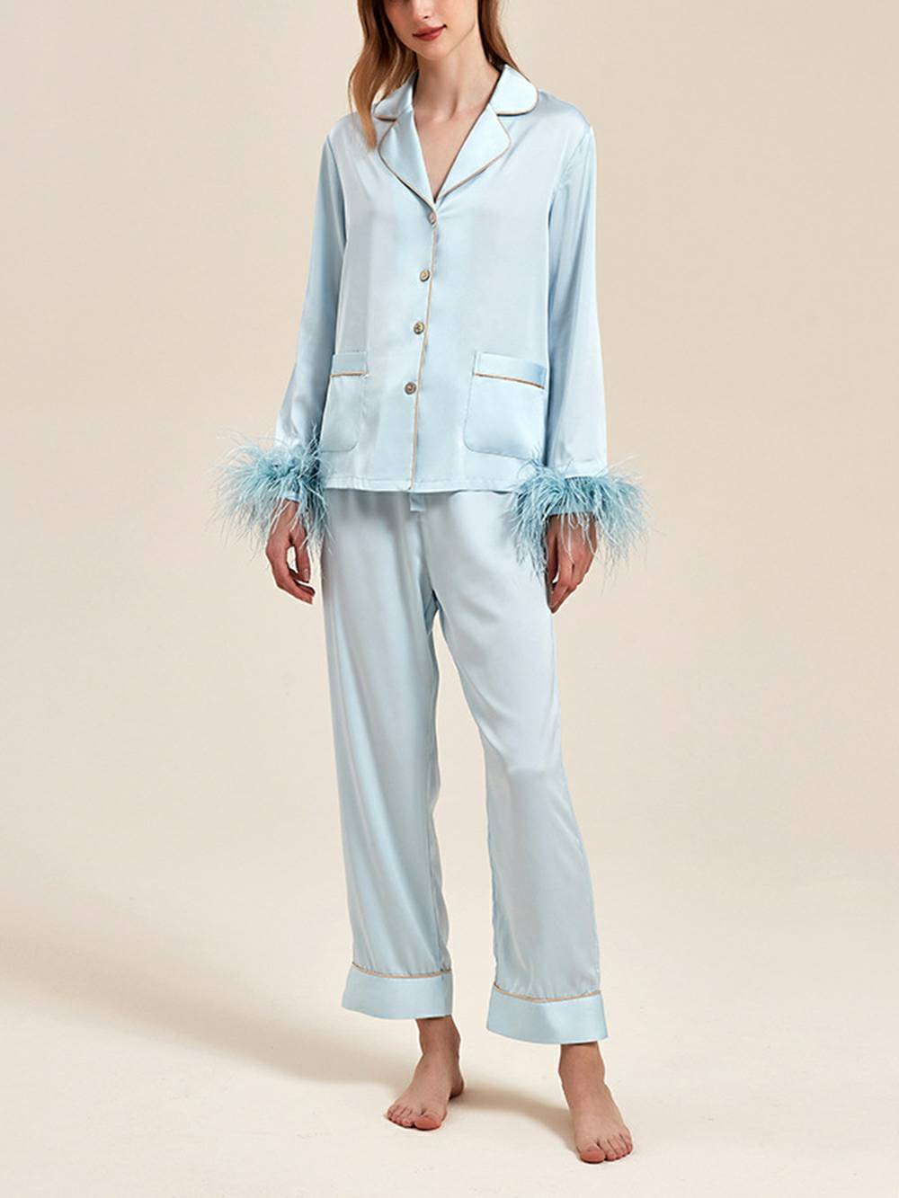 Women's bejewelled button pajama set — blue colourway detail
