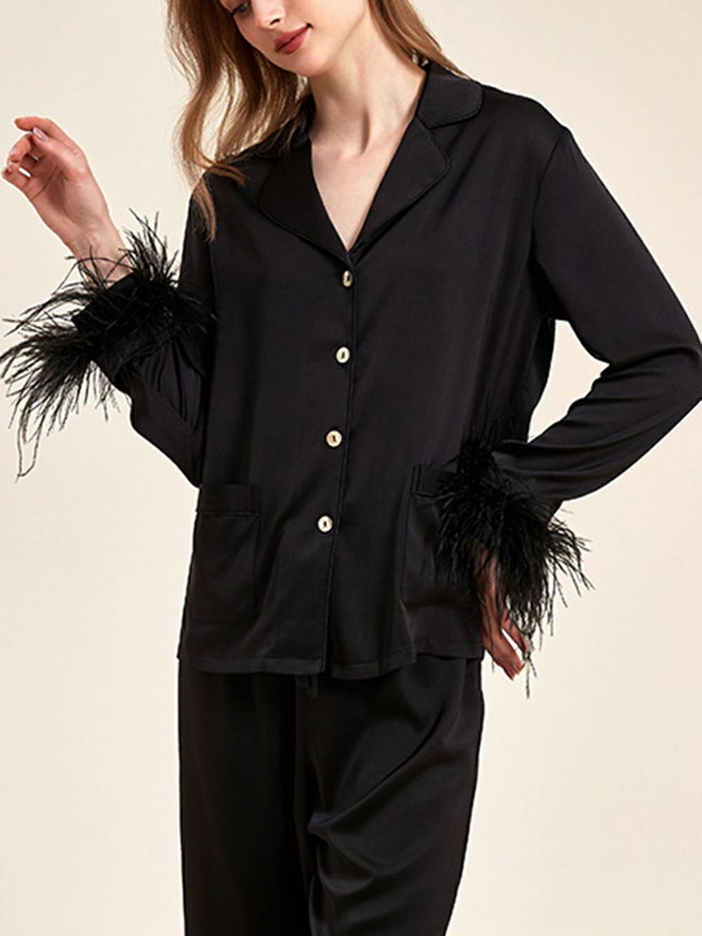 Women's bejewelled button pajama set — black colourway