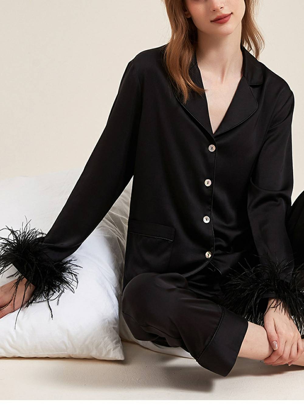 Women's bejewelled button pajama set — black colourway detail