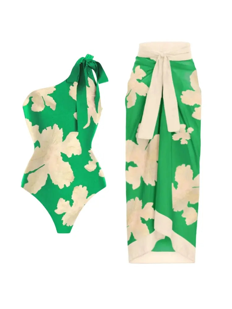Women's belted printed ruffle swimsuit with wrap skirt set — alternate angle