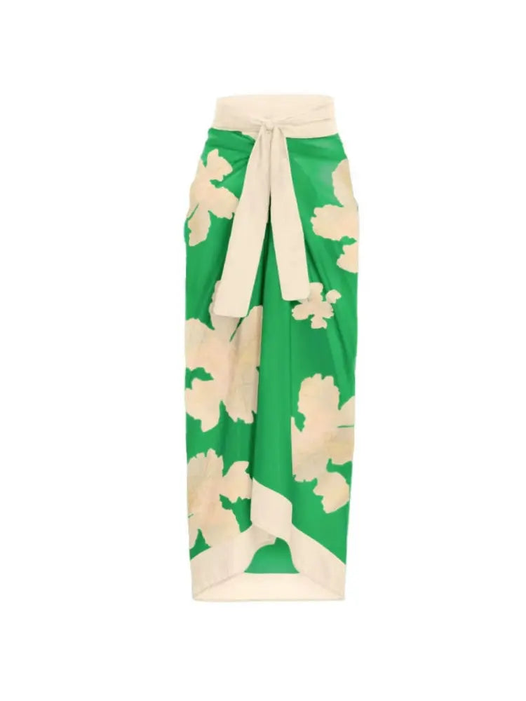 Women's belted printed ruffle swimsuit with wrap skirt set — full length