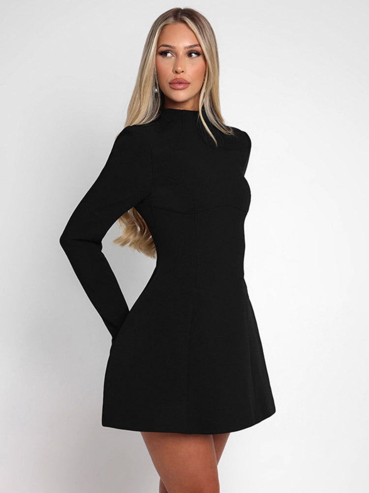 Women's black backless long sleeve mini dress — back view