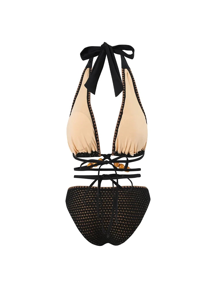 Women's black beaded knit tie-string bikini — fabric detail
