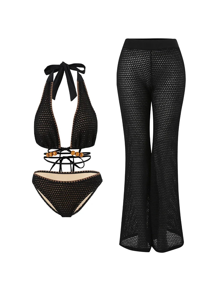 Women's black beaded knit tie-string bikini — with pants