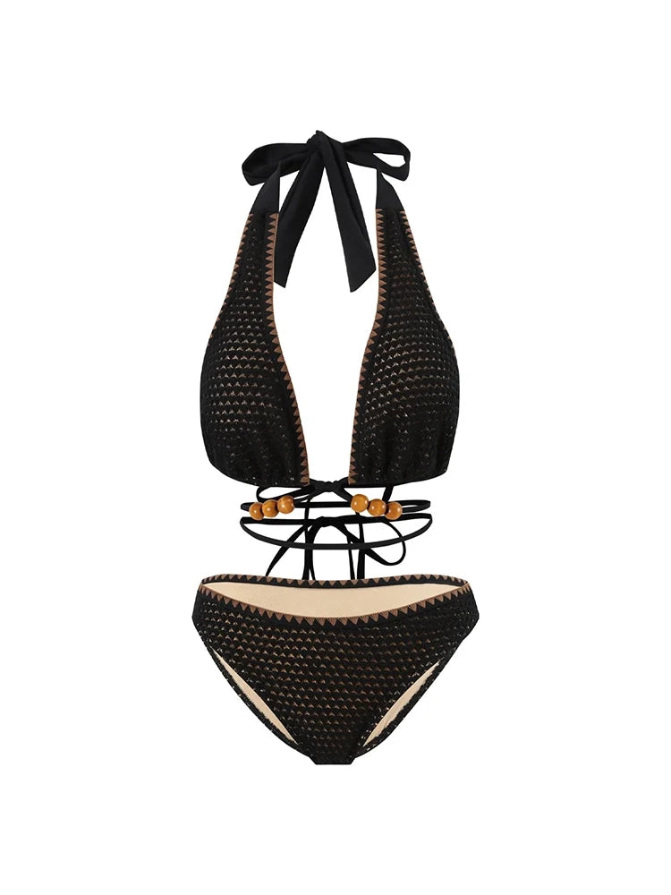 Women's black beaded knit tie-string bikini — styled