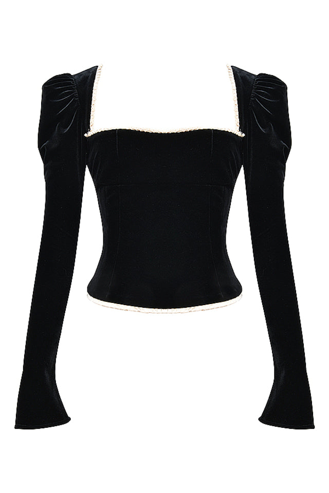 Women's black boned velvet corset — front view