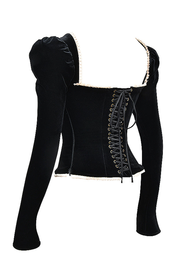 Women's black boned velvet corset — close-up detail