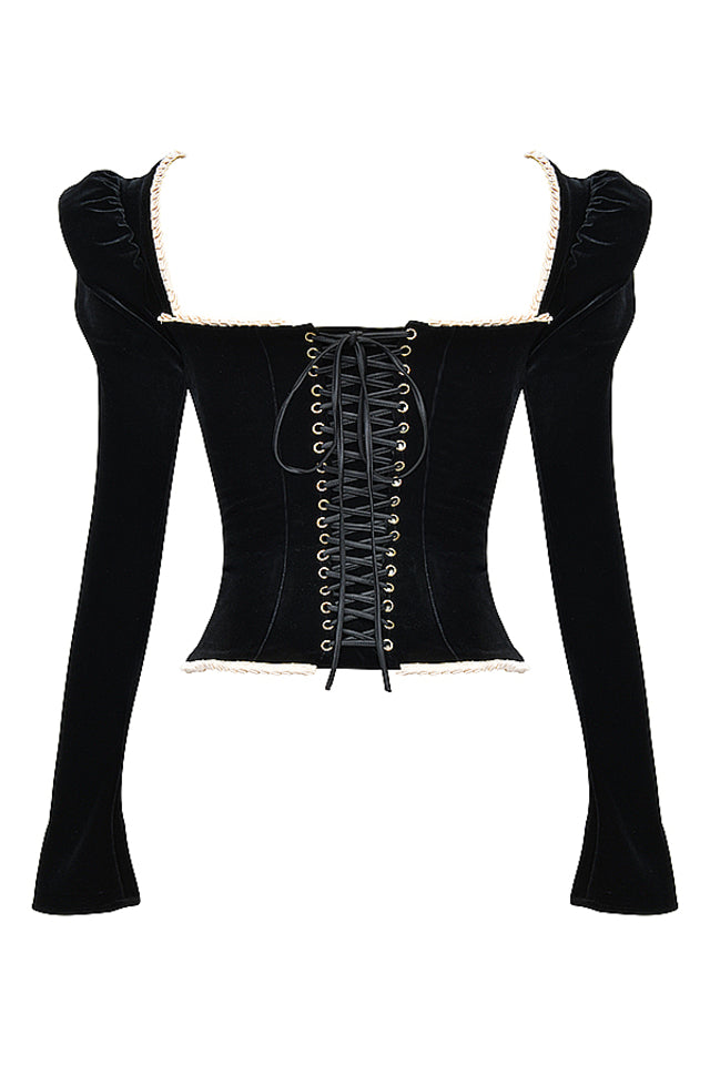 Women's black boned velvet corset — full length