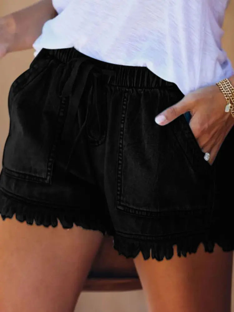 Women's black high-waist drawstring denim shorts