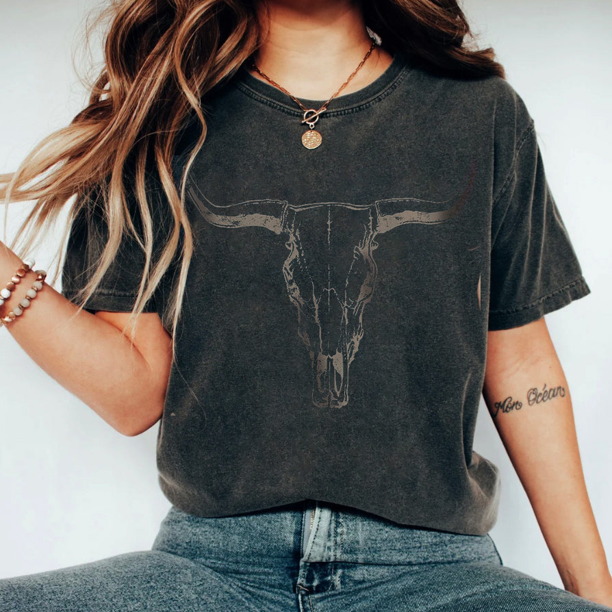 Women's black embroidered cow skull t-shirt