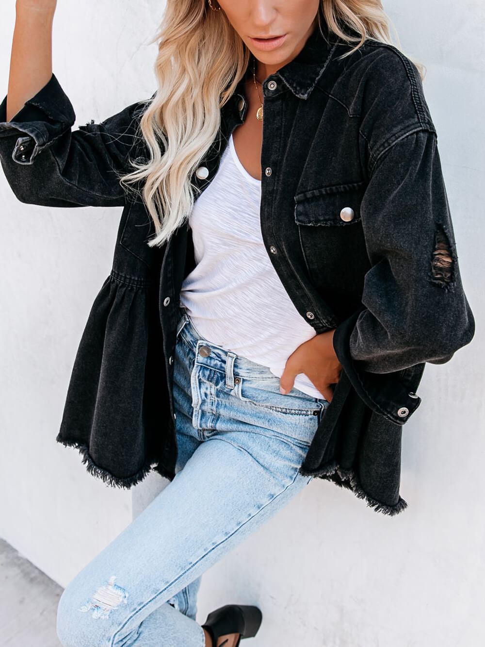 Women's black distressed denim shirt jacket