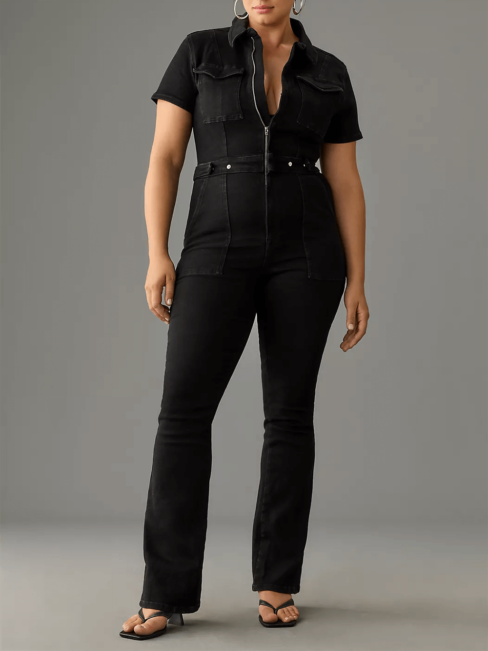 Women's black denim V-neck belted jumpsuit