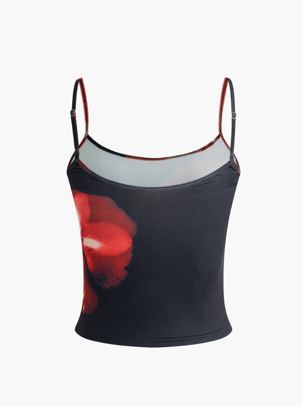 Women's black floral print cami top — close-up detail