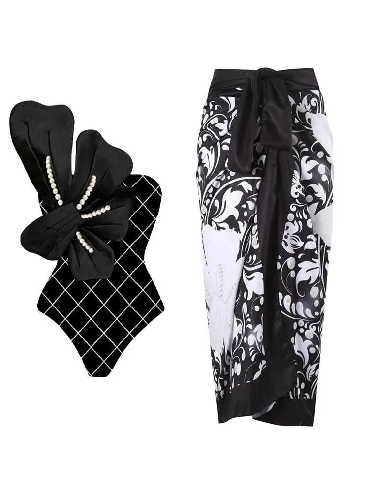 Women's black floral print swimsuit set