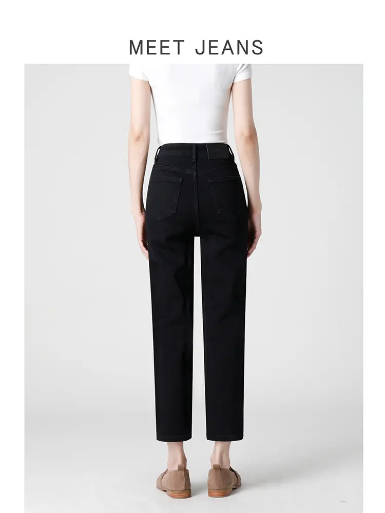 Women's black high-waist cigarette jeans - side profile