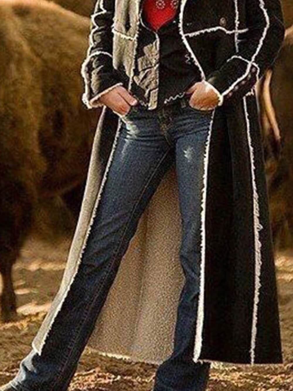 Women's Black Long Lapel Cardigan Trench Coat — front view