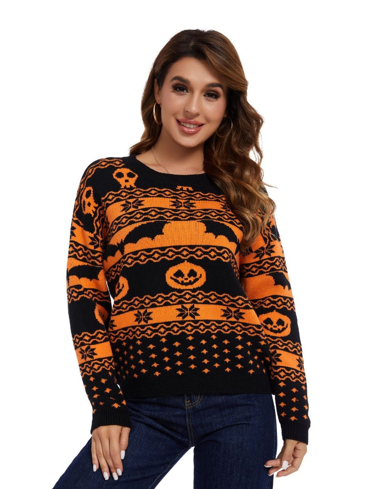 Women's black pumpkin print round neck jumper