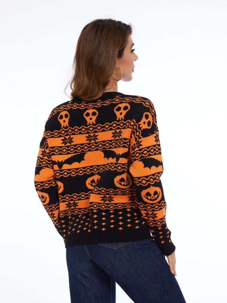 Women's black pumpkin print round neck jumper — back view