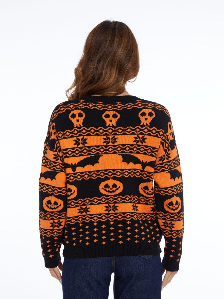 Women's black pumpkin print round neck jumper — side detail