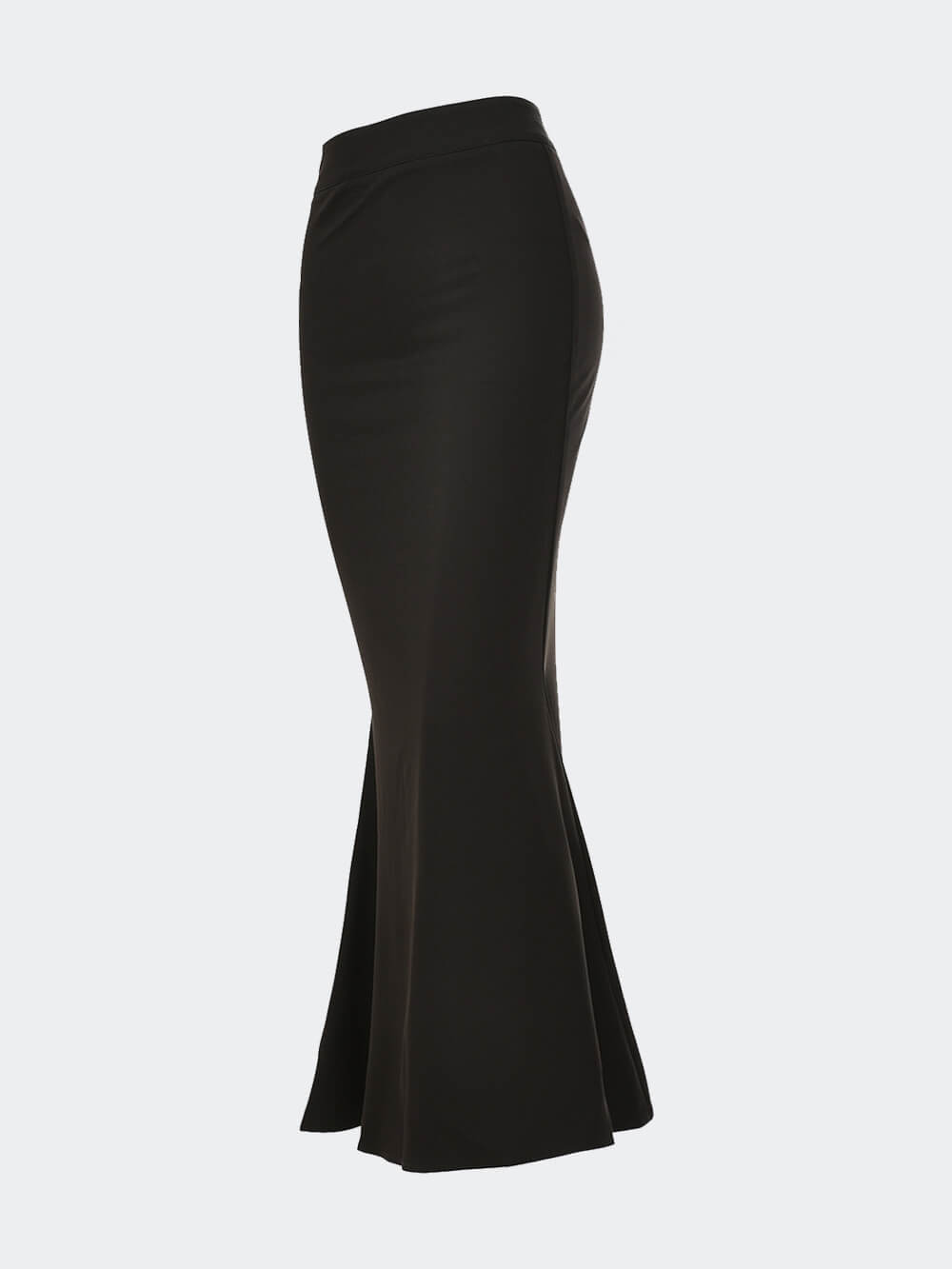 Women's black high-waist satin fishtail maxi skirt — detail view
