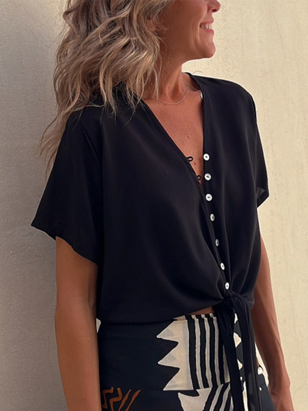 Women's Black Silk Chiffon V-Neck Top — close-up detail