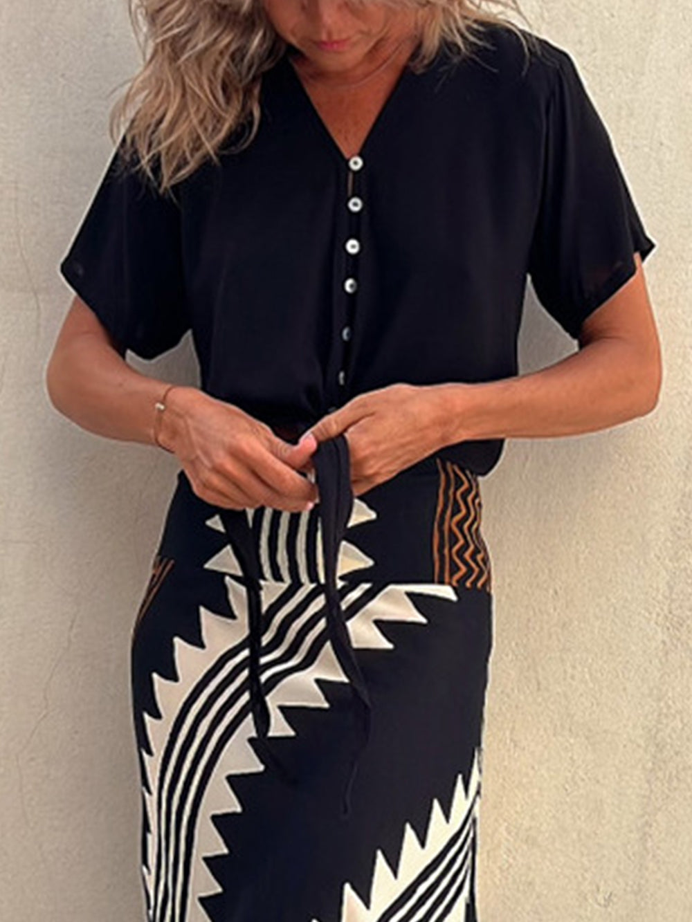 Women's Black Silk Chiffon V-Neck Top — full length
