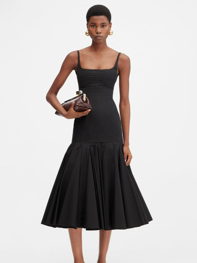 Women's black square neck pleated midi dress