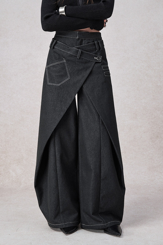 Women's black wide-leg fake two-piece jeans