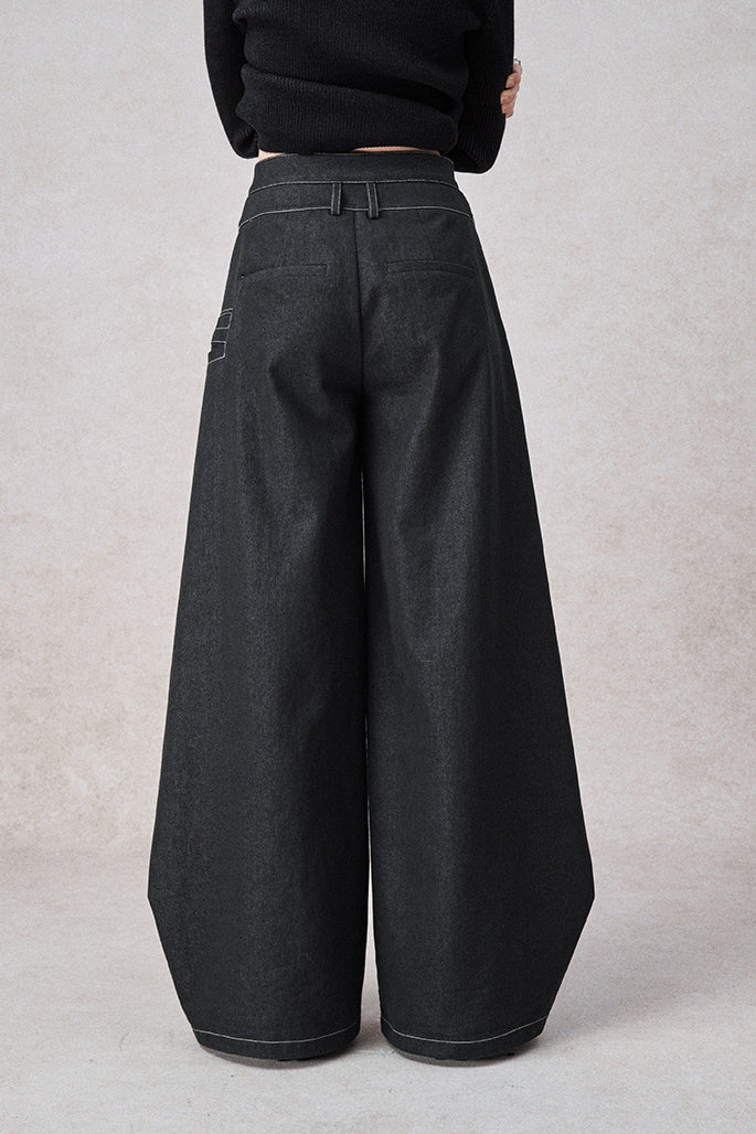 Women's black wide-leg fake two-piece jeans — alternate angle