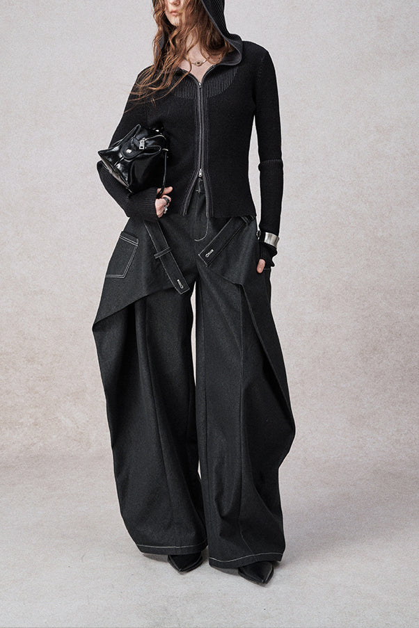 Women's black wide-leg fake two-piece jeans — side detail