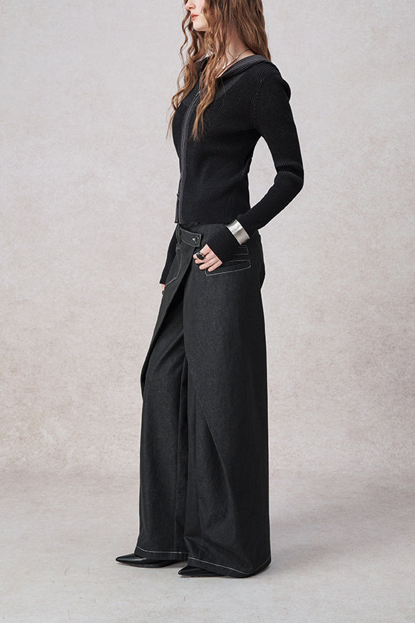 Women's black wide-leg fake two-piece jeans — back view