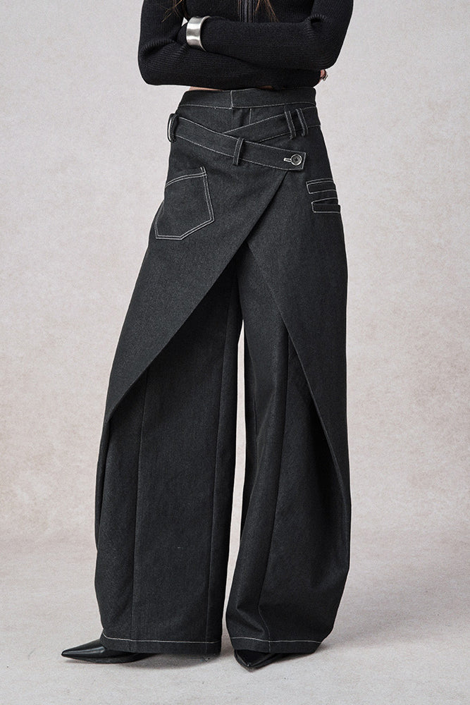 Women's black wide-leg fake two-piece jeans — waistband detail