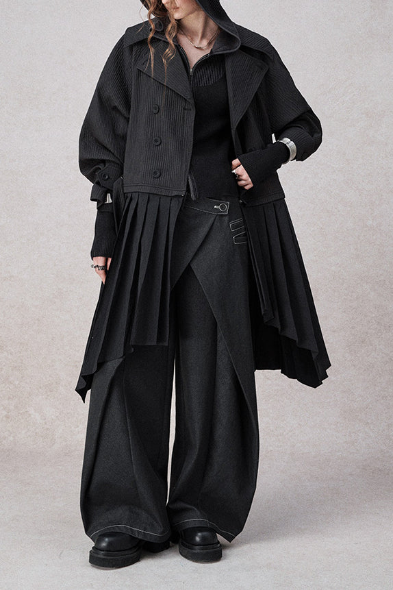 Women's black wide-leg fake two-piece jeans — full length