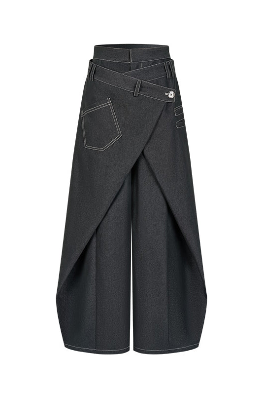 Women's black wide-leg fake two-piece jeans — styled look
