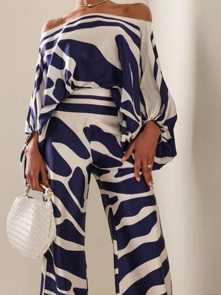 Women's blue abstract wave two-piece set — detail