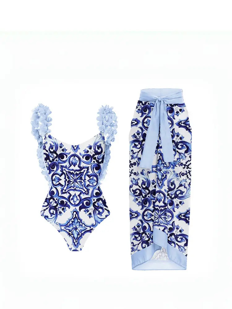 Women's Blue Appliqué One-Piece Swimsuit