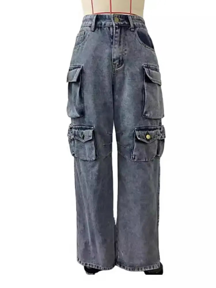 Women's blue high-waisted cargo trousers