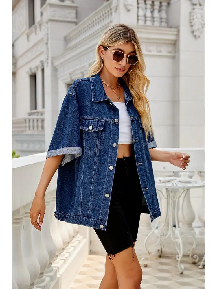 Women's Blue Dark Wash Denim Jacket — back view