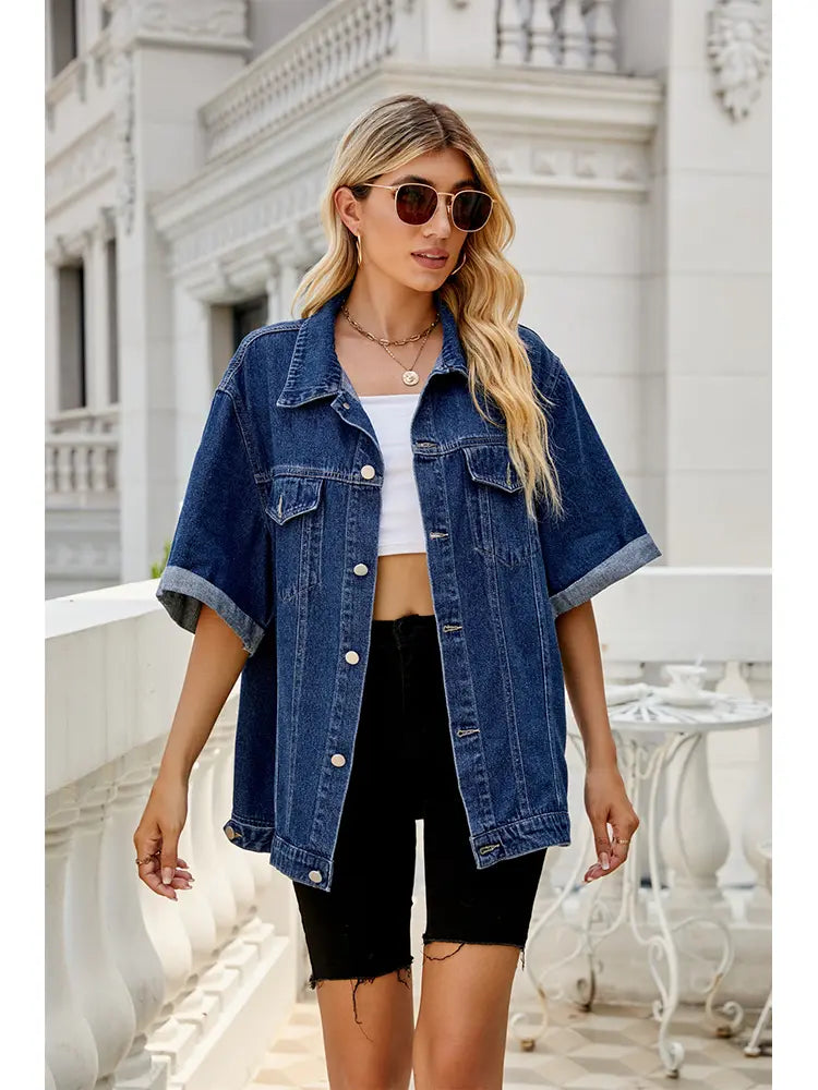 Women's Blue Dark Wash Denim Jacket — side detail