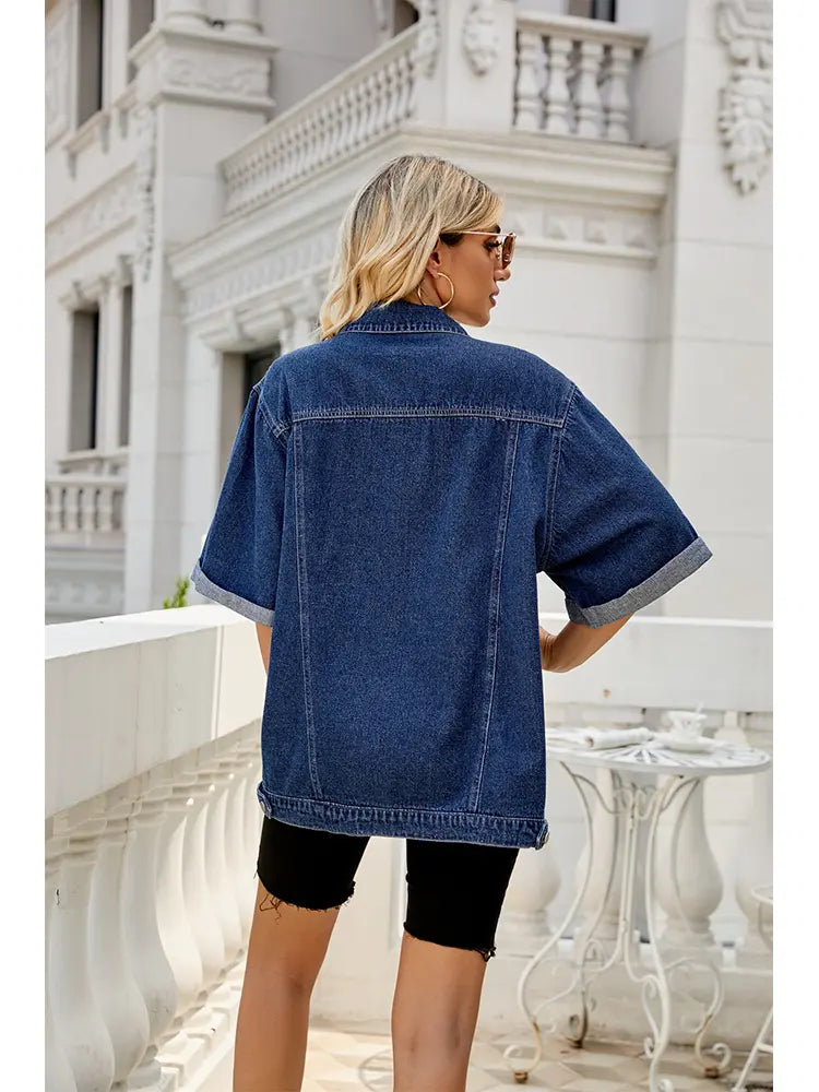 Women's Blue Dark Wash Denim Jacket — full length