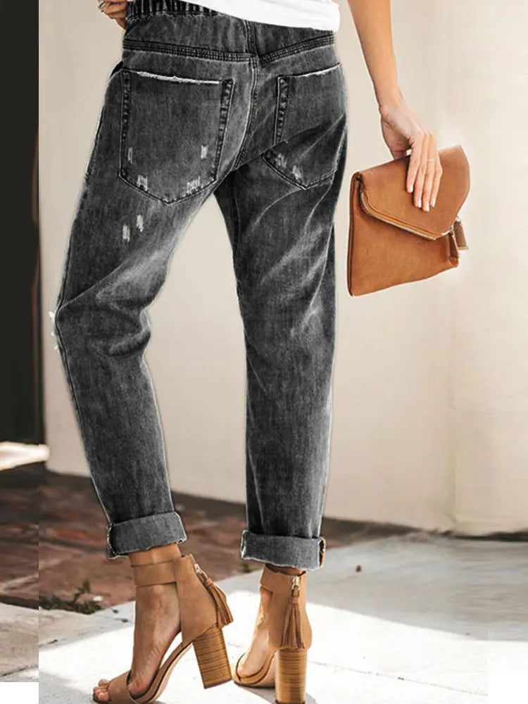 Women's Blue Ripped Denim Joggers — full length