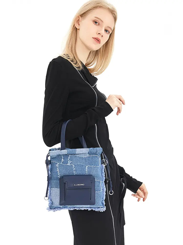 Women's Blue Denim Patchwork Bucket Bag