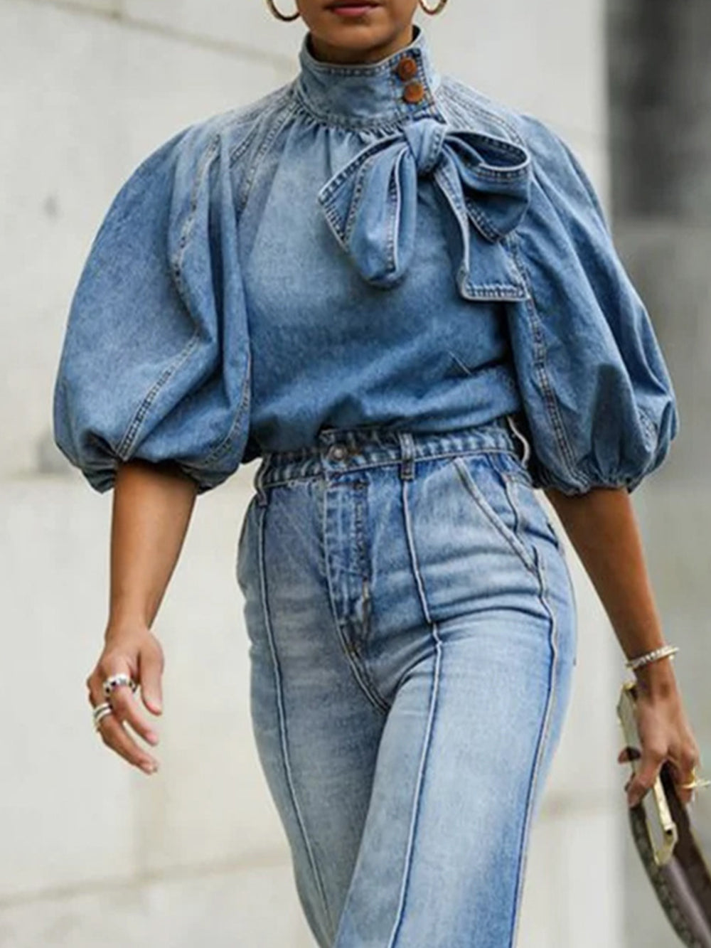 Women's blue denim puff sleeve crop shirt, loose fit