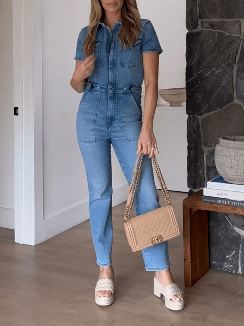Women's blue denim V-neck belted jumpsuit