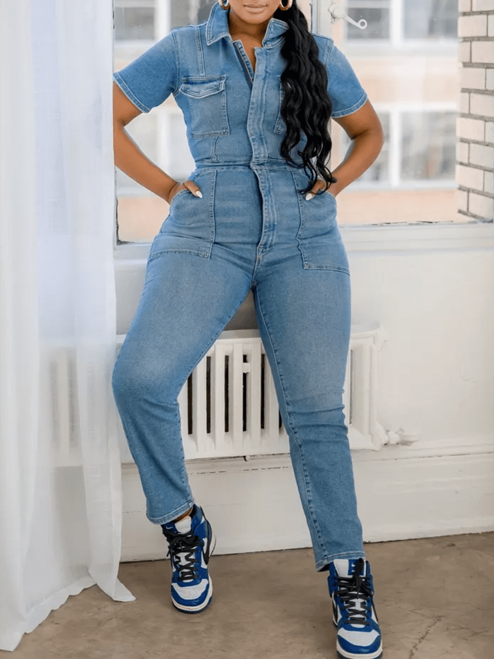 Women's blue denim V-neck belted jumpsuit — alternate angle
