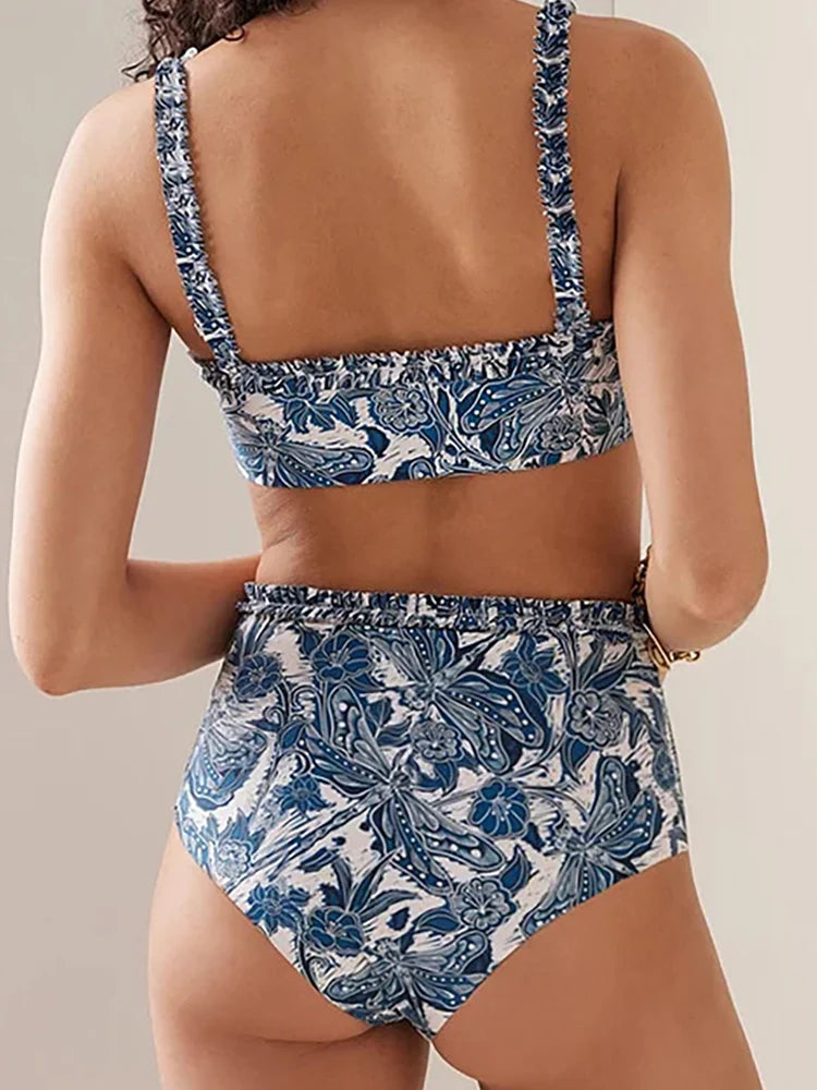 Women's blue dragonfly print ruffle bikini set — alternate angle